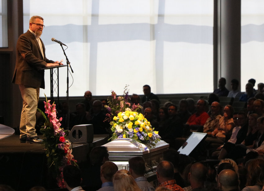 Mike Shallenberger, an engineer teacher at STEM School Highlands Ranch, gets candid about his former student Kendrick Castillo at a May 15 celebration of life service at Cherry Hills Community Church. "I couldn't tell if he was made for our school," Shallenberger said of Kendrick, who died in the May 7 school shooting, "or if our school was made for him."